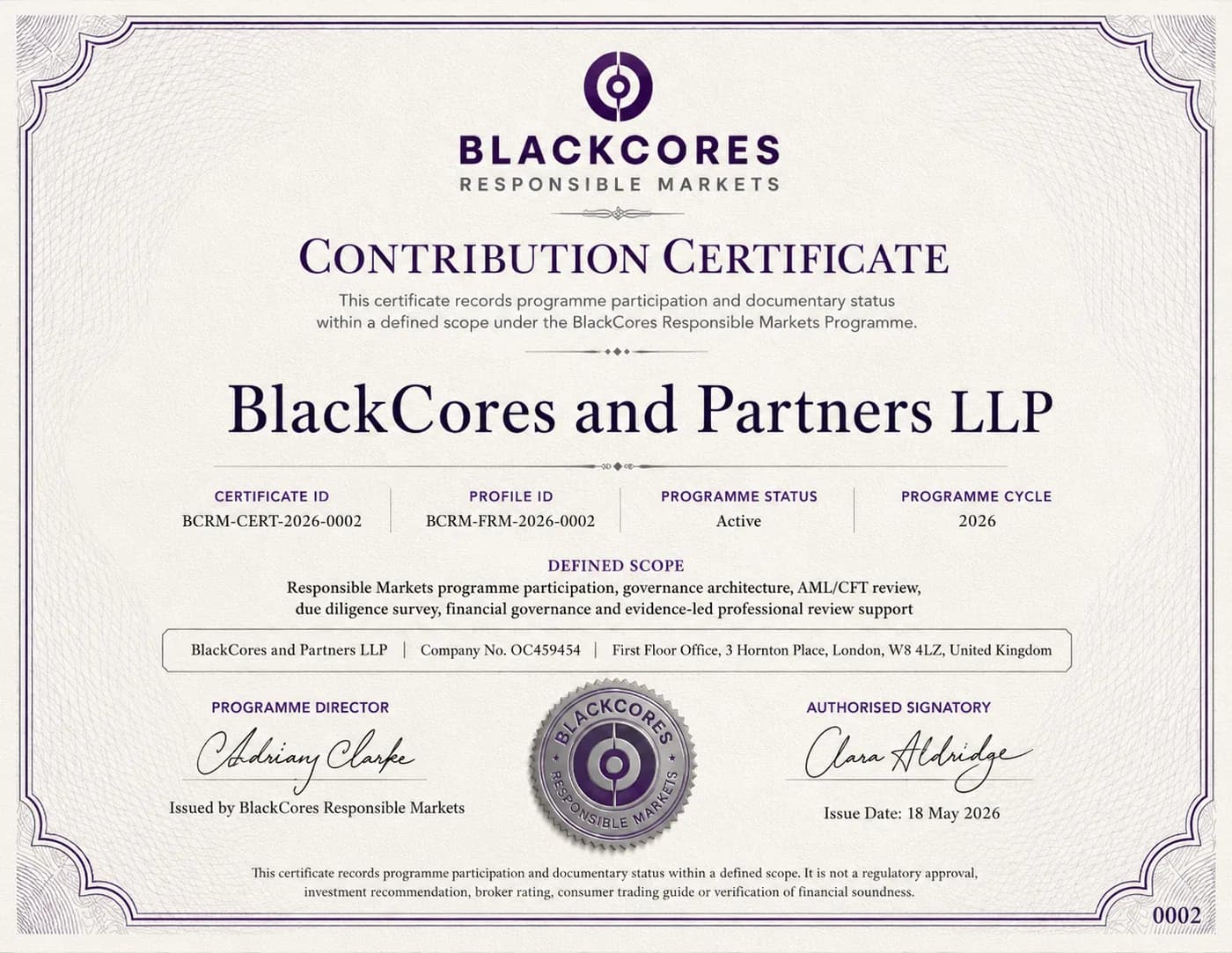 Example BlackCores Responsible Markets contribution certificate for a participating organisation, showing certificate and profile identifiers, status, defined scope and programme seal.