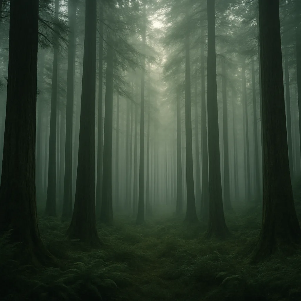 Old-growth forest receding into morning mist
